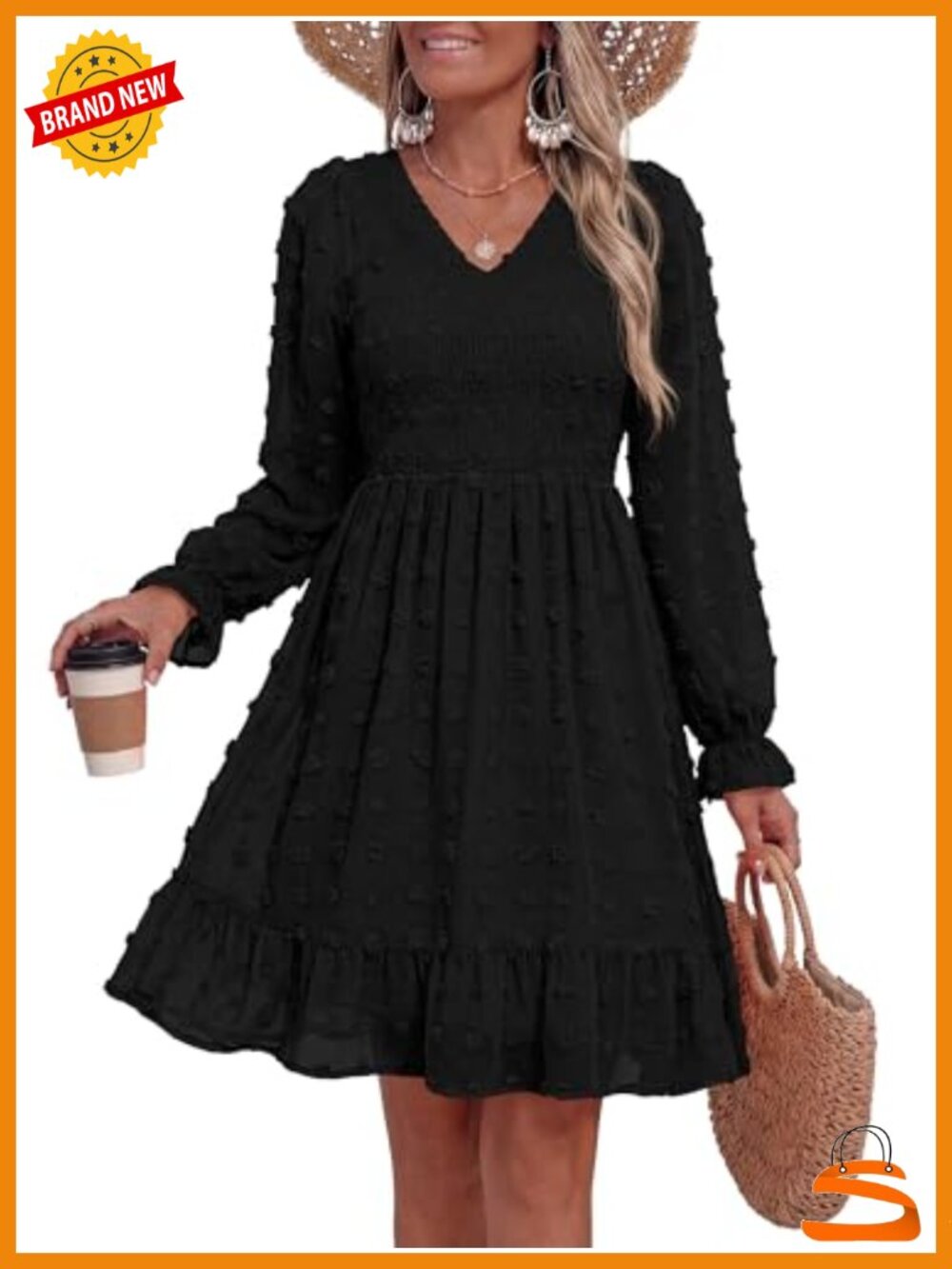 Swiss Dot Long Sleeve V Neck A-Line Ruffle Mini Dress